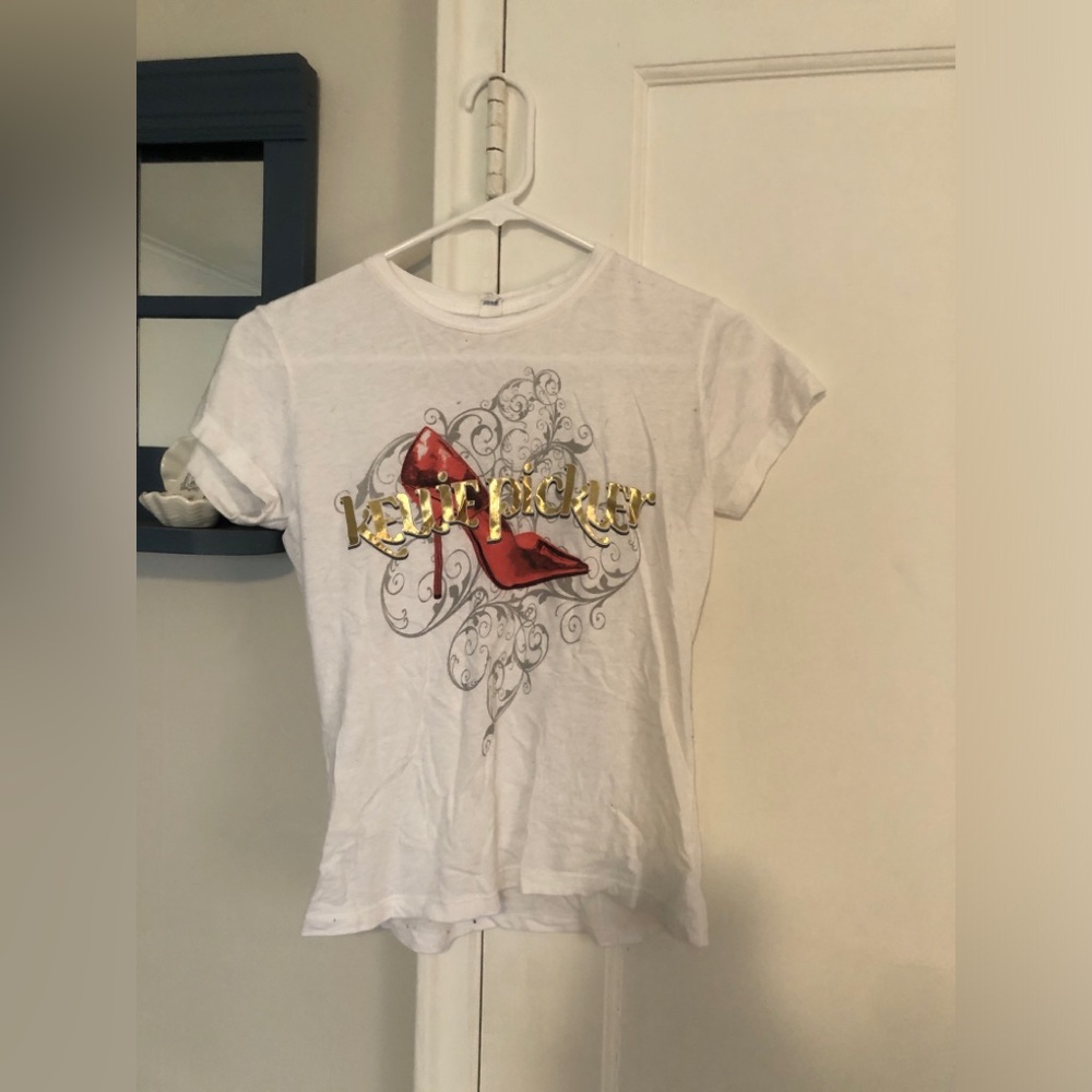 White Graphic Tee with Red Heel Motif Kelly pickler concert tee